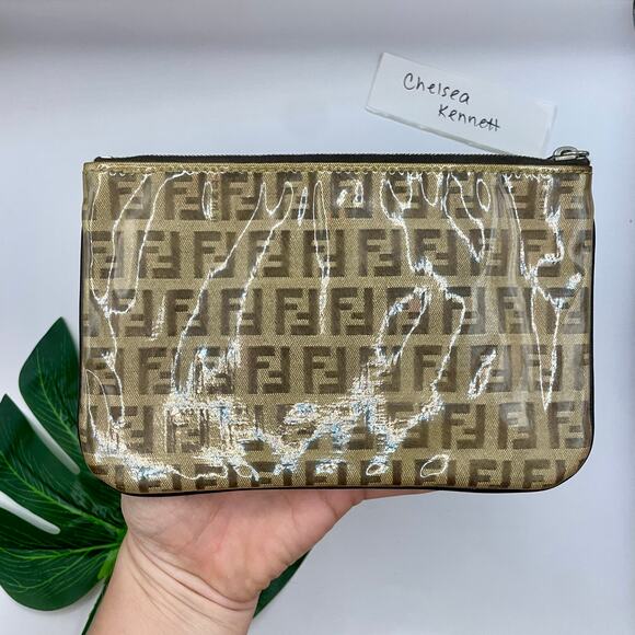 Fendi Zucca Monogram PVC Pouch Wallet Clutch Bag Cometic Toiletry F Logo Print - Picture 3 of 11